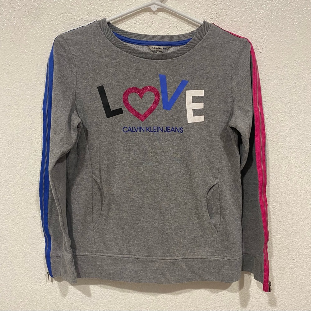 Kids Calvin Klein Girls Gray Blue LOVE Logo Long Sleeve Sweatshirt XL 16